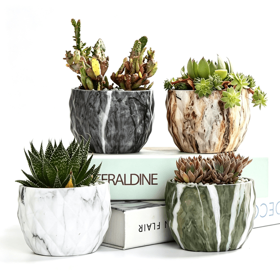 XIBUFE 4 Pcs 3.35" Succulent Pots with Drainage,Modern Marbling Ceramic Planters,Small Succulent Pots,Unique Plant Pots