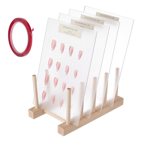 XIBUFE 4 Pcs Acrylic Nail Display Board with Wooden Holder,5.24X7.9" Transparent Manicure Sample Stand for Salon and Home