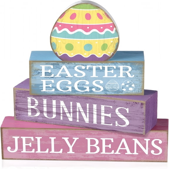XIBUFE 4 Pcs Easter Table Decoration Wooden Pastel Egg Happy Easter Tiered Tray Decor Eggs Centerpieces Decorative Colorful Egg Block Signs Gift Farmhouse for Holy Week Home Kitchen Party Decor