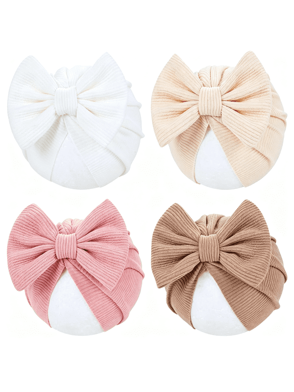 4 Pieces Baby Girls Turban Hats with Bow Newborn Hospital Caps Bonnets Beanies Headwraps for Infants Toddlers,Soft Newborn Hat