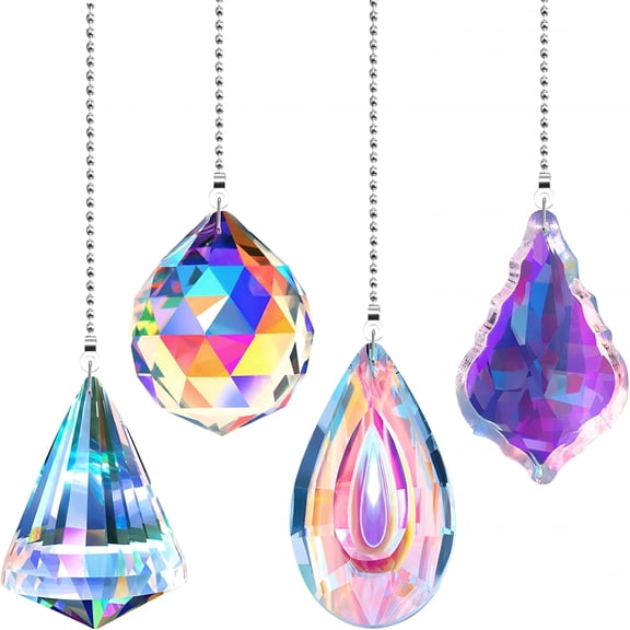 XIBUFE 4 Pieces Crystal Ceiling Fan Pull Chain Decorative Rainbow Pull Chain Extension 20 Inch Ceiling Ornament with Ball Connector(Round,Polygon,Quadrilateral)