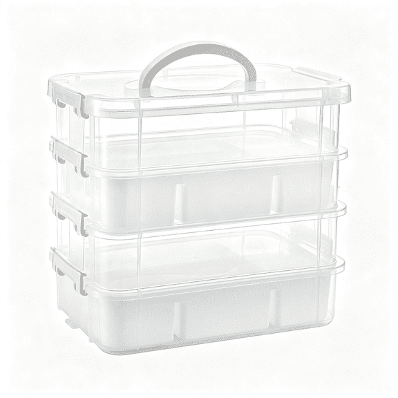XIBUFE 4-Tier Clear Storage Bins with 2 Divided Trays, Stackable Carry Storage Box Container, Plastic Lidded Organizer Case with Handle for Beads, Tools, Arts & Crafts, Sewing, Office Supplies