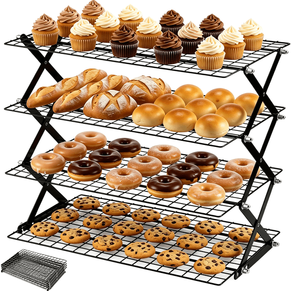 XIBUFE 4 Tier Collapsible Cooling Rack,Heavy Duty Adjustable Wire Grid,Stackable Baking Pan for Cookies Bread,Space Saving