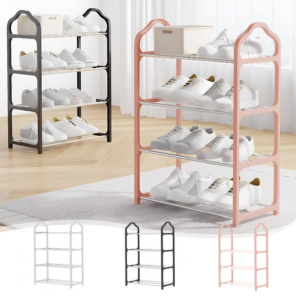 XIBUFE 4 Tier Shoe Rack,Lightweight Plastic Baby Shoe Organizer,Narrow Stackable Shoe Organizer Kids Toddler Adult Shoe Rack for Closet Entryway Bedroom,Pink
