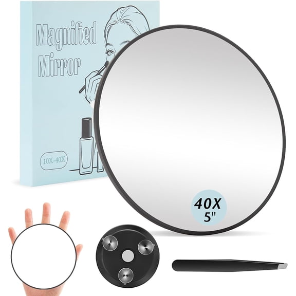XIBUFE 40X Handheld Magnifying Mirror,5In 40X Makeup Magnification and Tweezers Set,3 Suction Cups Wall Mounting,Ring Bracket Easy to Hold,Compact Makeup Magnifying Mirror for Travel,Home,Office