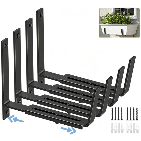 XIBUFE 4Pcs Adjustable Planter Box Brackets(6 to 12.5 In),Universal Window Box Brackets,Heavy Duty Metal Flower Box Wall Mounting Hooks for Balcony,Fences,Patio,And Garden-Black