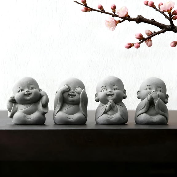XIBUFE 4Pcs Baby Buddha Statue Set,2 Inch Mini Zen Monk,Sandstone Buddha for Desk Decor,Laughing Buddha for Good Luck,Car Dashboard,Home & Living Room Decor with Blessing Amulet
