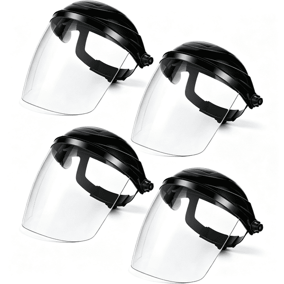 XIBUFE 4Pcs Clear Face Shield for Grinding Cutting,Impact Resistant,Lightweight Full Face Protection,Adjustable Ratcheting Headgear,Safety Woodworking Chemical Industrial Work