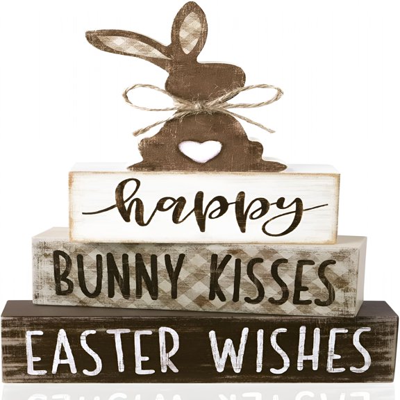 XIBUFE 4Pcs Easter Tabletop Decorations Bunny Wooden Block Signs Gift Rustic Tiered Tray Decor Happy Easter Centerpiece Farmhouse Wood Rabbit Table Sign for Kitchen Home Office Party Decor