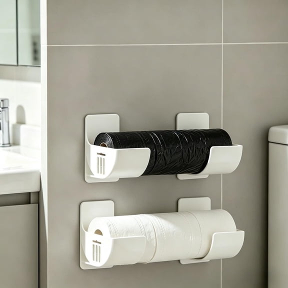 XIBUFE 4Pcs No-Drill Trash Bag Holder&Toilet Paper Rack,Adhesive Wall Mount Cabinet Door Hanging Roll Organizer,Space-Saving Kitchen&Bathroom Storage,Cabinet Storage Addition,Wrap Rack