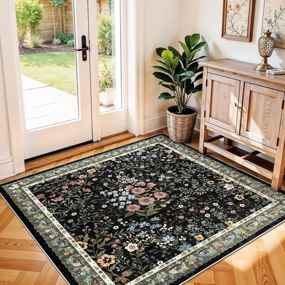 XIBUFE 4X4 Square Entry Rug Entryway Foyer: Non-Slip Floral Washable Rugs for Living Room Indoor Floor Kitchen Bedroom - Soft Thin Doormat Carpet Boho Vintage Home Decor (4Ft Square, Black)