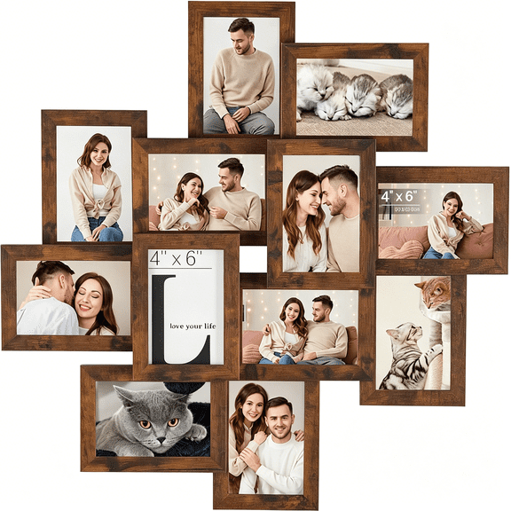 XIBUFE 4X6 Picture Frames Collage Wall Decor,12-Pack Photo Collage Frame,Multi Picture Frame Set with Glass Front,Assembly Required,Rustic Brown