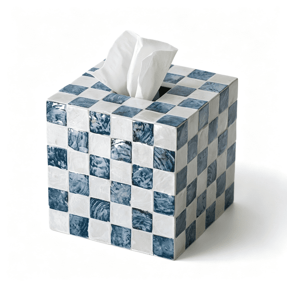 XIBUFE 5.5"Square Tissue Box Cover,Handmade Checkered Cube Tissue Box Cover with Capiz Shells,Decorative Mother of Pearl Tissue Holder for Living Room,Bathroom,Bedroom Or Office(Navy Blue)