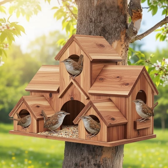 XIBUFE 5 Hole Cedar Bird House for Outside, Handmade Large Bird Nesting Box for Bluebirds Finches Cardinals, Waterproof Yard Garden Decor with Metal Hooks for Easy Hanging