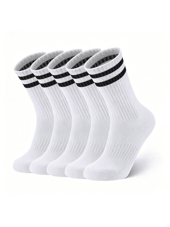 5 Pairs Striped Crew Socks Cotton Cushioned Athletic Sports Running Socks for Men Women Teens Soft Cushion Cushioned Crew Socks Women