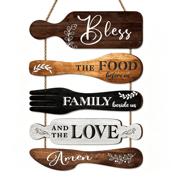 XIBUFE 5Pcs Rustic Kitchen Cookware Wall Signs,Bless the Food|Country Wooden Plaques for Farmhouse Kitchen Wall Decor,Dining Room&Coffee Bar,Jute Rope for Easy Hanging