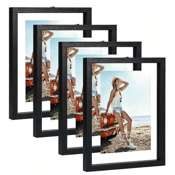 XIBUFE 5X7 Floating Picture Frames Set of 4,Double Glass Photo Frame Display Up to 7 X 9 Photos for Desktop Or Wall Hanging,Modern 5X7 Floating Frame (Black)