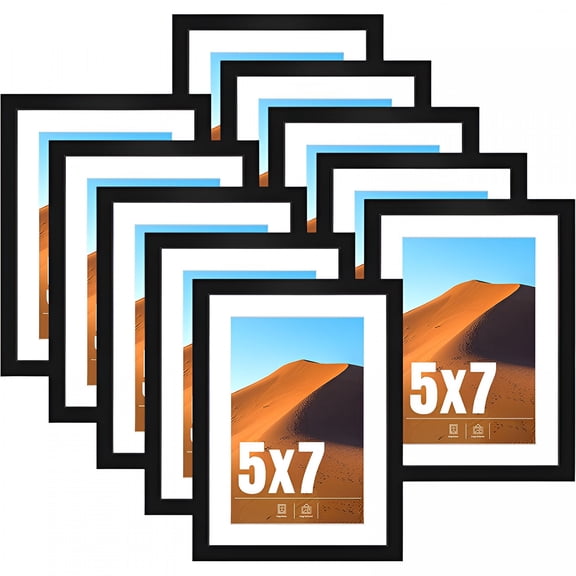 XIBUFE 5x7 Picture Frame Black Set of 10, Display 4x6 with Mat or 5 x 7 Without Mat Picture, Photo Frame Collage for Wall Gallery or Table Deco, Hanging or Tabletop Display