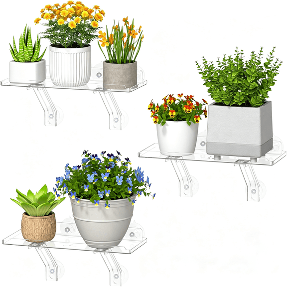 XIBUFE 6" Extra Wide & Strong Window Plant Floating Shelves 3 Pack,Heavy Duty Acrylic Suction Cup Shelf,Sill Extender for Succulent Plants,Seed Starter Pots,Herb Planters 38 X 15 Cm/15.2X6