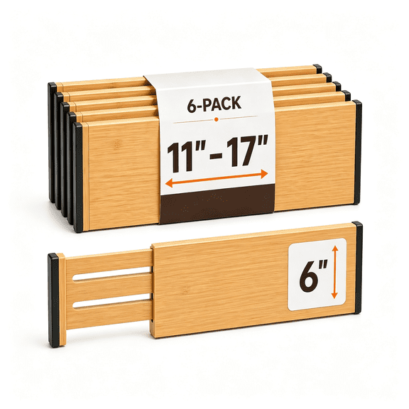 XIBUFE 6 Pack Bamboo Drawer Dividers - 6 High for Deep Drawers, Adjustable 11.5 to 17 Expandable Kitchen Drawer Organizer, Spring Loaded Dresser Separator for Clothes, Bedroom, Bathroom, Office