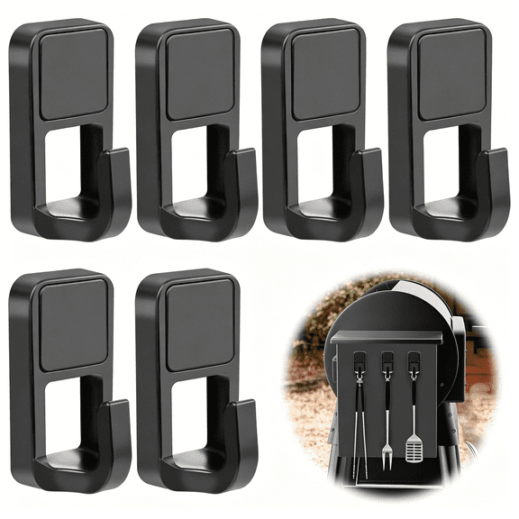 XIBUFE 6 Pack Magnetic Grill Hooks, Magnetic Hooks for Grill Tools, Heavy Duty Grill Tool Utensil Holder Hanging Barbecue Tool, Grills Magnetic Hooks, for Refrigerator, Grill, Kitchen, Black