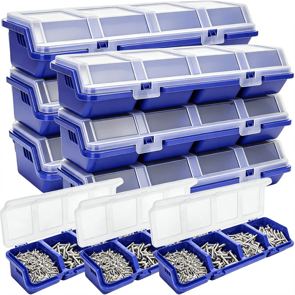 XIBUFE 6 Pack Screw Organizer Box with Lid, 4 Compartments Small Parts Bins, Plastic Hardware Storage Containers, Nails Sorting Divider Toolbox Case for Garage Nuts Bolts Craft Organizing