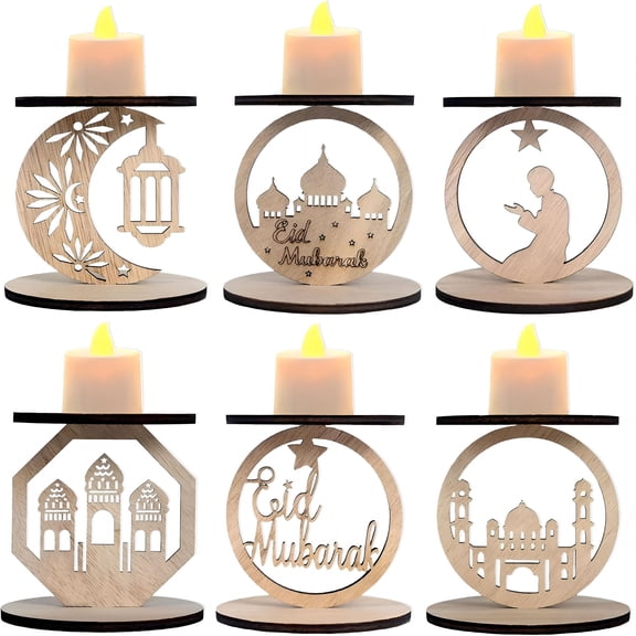 XIBUFE 6-Pack Wooden Ramadan Candle Holders Eid Mubarak Dcor with Star,Crescent Moon,Mosque & Silhouettes Indoor/Outdoor Muslim Islamic Party,Wedding & Anniversary Supplies