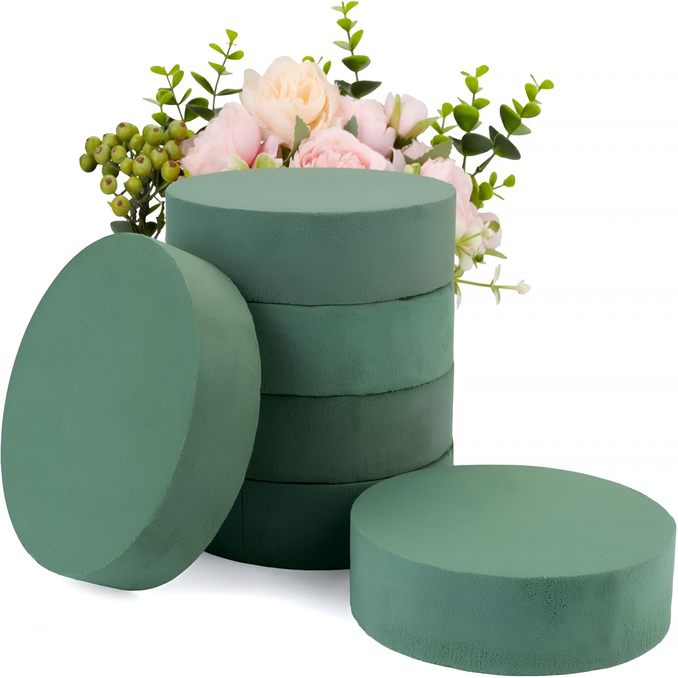 XIBUFE 6 Packs 6"Round Floral Foam Blocks,Wet&Dry Green Foam for Fresh and Artificial Flowers,Flower Foam for Wedding,Birthdays,Party,Home Decorations