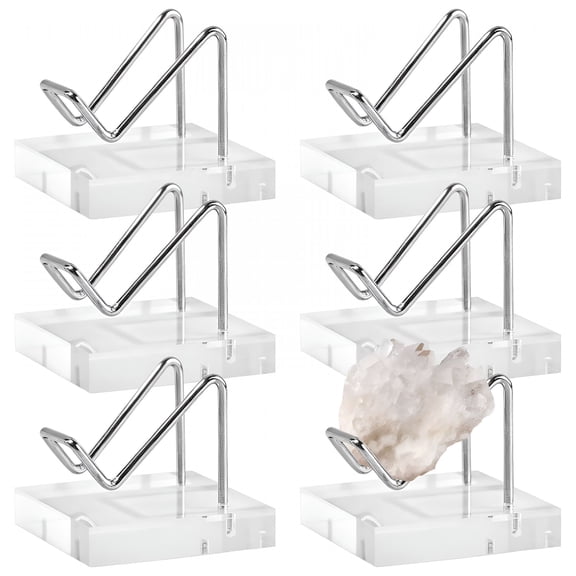 XIBUFE 6 Pcs Acrylic Rock Display Stands, Crystal Display Shelf with Silver Metal Arms, 50Mm Clear Base, Ideal for Rocks, Crystals, and Jewelry Showcasing