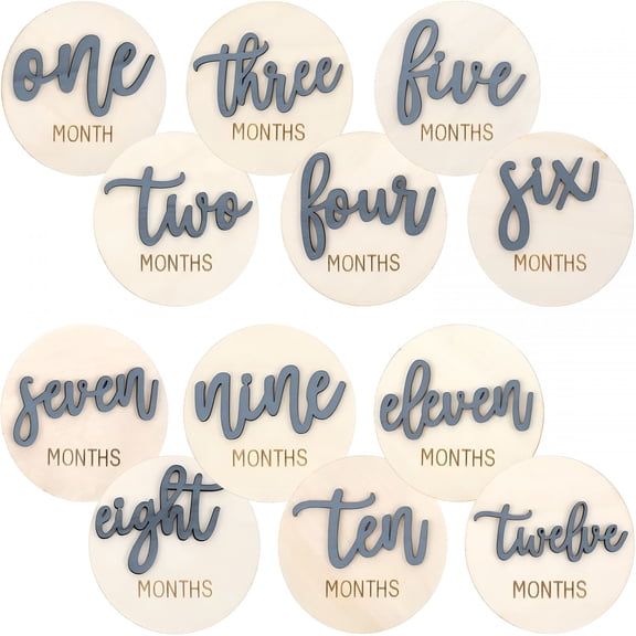 XIBUFE 6 Pcs Blue Baby Monthly Milestone Cards, Double Sided Wooden 3D Discs For 1-12 Months, Newborn Announcement Photography Props And Keepsake Gift