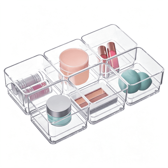 XIBUFE 6-Piece Stackable Clear Drawer Organizer Set|3"X 3"X 2"Square Trays|Small Makeup Vanity Storage Bins and Office Desk Drawer Dividers