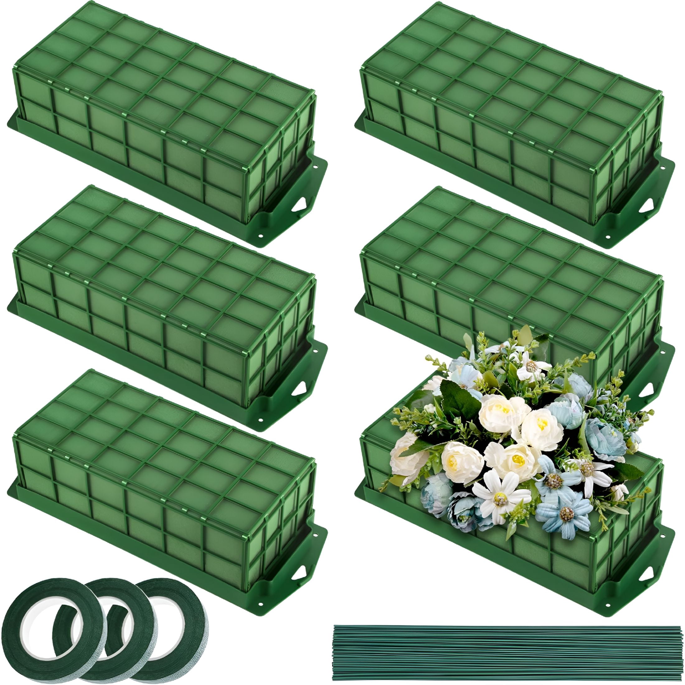 XIBUFE 6 Pieces Floral Foam Cage with Floral Foam for Fresh and Artificial Flowers Rectangle Dry and Wet Flower Cage Bowl Holder for Wedding,Home and Garden Arrangement Decorations