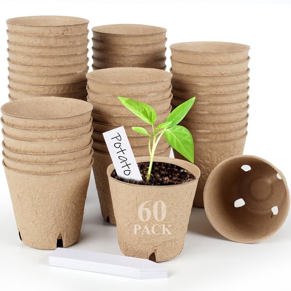 XIBUFE 60-Pack 4 Inch Biodegradable Peat Pots with Plant Labels, Eco-Friendly Seedling Starter with Drainage