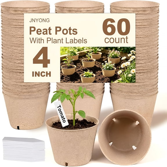 XIBUFE 60 Packs 4 Inch Peat Pots,Biodegradable Pots for Seedlings with Drainage Holes,Garden Germination Nursery Pots with 50 Plant Labels