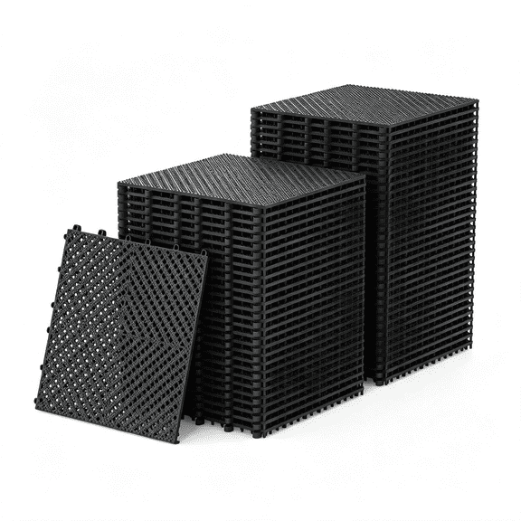 XIBUFE 60-Pcs Interlocking Tile, Indoor/Outdoor Drainage Interlocking Floor Tiles 11.8" X 11.8", Anti-Slip Waterproof Soft Pvc Splicing Flooring Tile for Garage Patio Pool Bathroom, Black