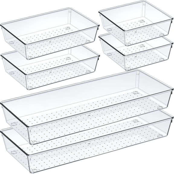 XIBUFE 6Pcs Large Size Clear Drawer Organizer Set,Acrylic Non Slip Non Cracking Kitchen Drawer Storage Tray Divider,Multifunctional Storage for Cosmetics,Bathroom,Tools,Kitchen and Office