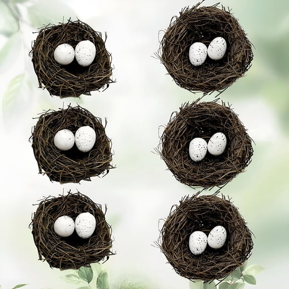XIBUFE 6pcs Small Faux Bird Nest with Eggs for Crafts, Artificial Rattan Birds Nest for Wedding Home Party Christmas Tree Decoration (6pcs Mixed Small Size Nest, 12pcs Eggs)