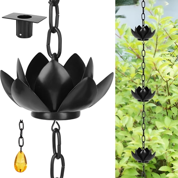 XIBUFE 8.5ft Black Rain Chain for Gutters Downspouts Outside, Black Plated Lotus Rain Chain Cups, Functional and Decorative Replacement for Gutter Downspouts