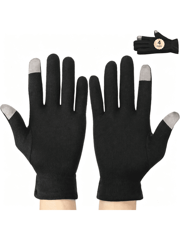 8 Counts Black Cotton Gloves Touchscreen for Women and Men, 4 Pairs Hand Moisturizer Gloves with Elastic Band, Soft Sleeping Glove for Dry Hands Overnight, Spa Lotion Cotton Glove Liners