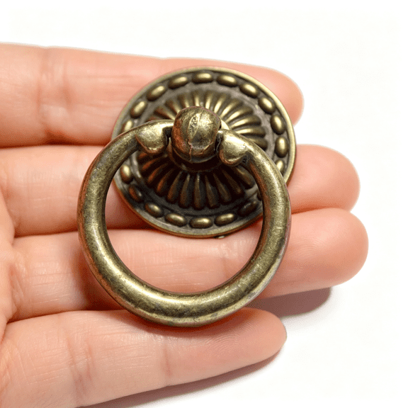XIBUFE 8 Pcs Bronze Drawer Ring Pulls Vintage Decorative Furniture Handles Antique Retro Copper Knobs Brass Hardware with Screw for Dresser Cabinet Wardrobe Chest Closet (Length:1-1/2", Height:2")