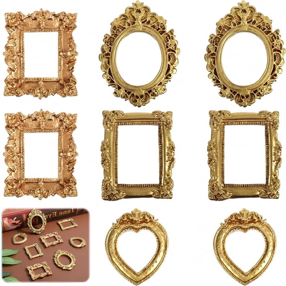 XIBUFE 8 Pcs Mini Gold Picture Frames, Vintage Antique Resin Tiny Frames for Crafts & DIY Jewelry, Small Table Display