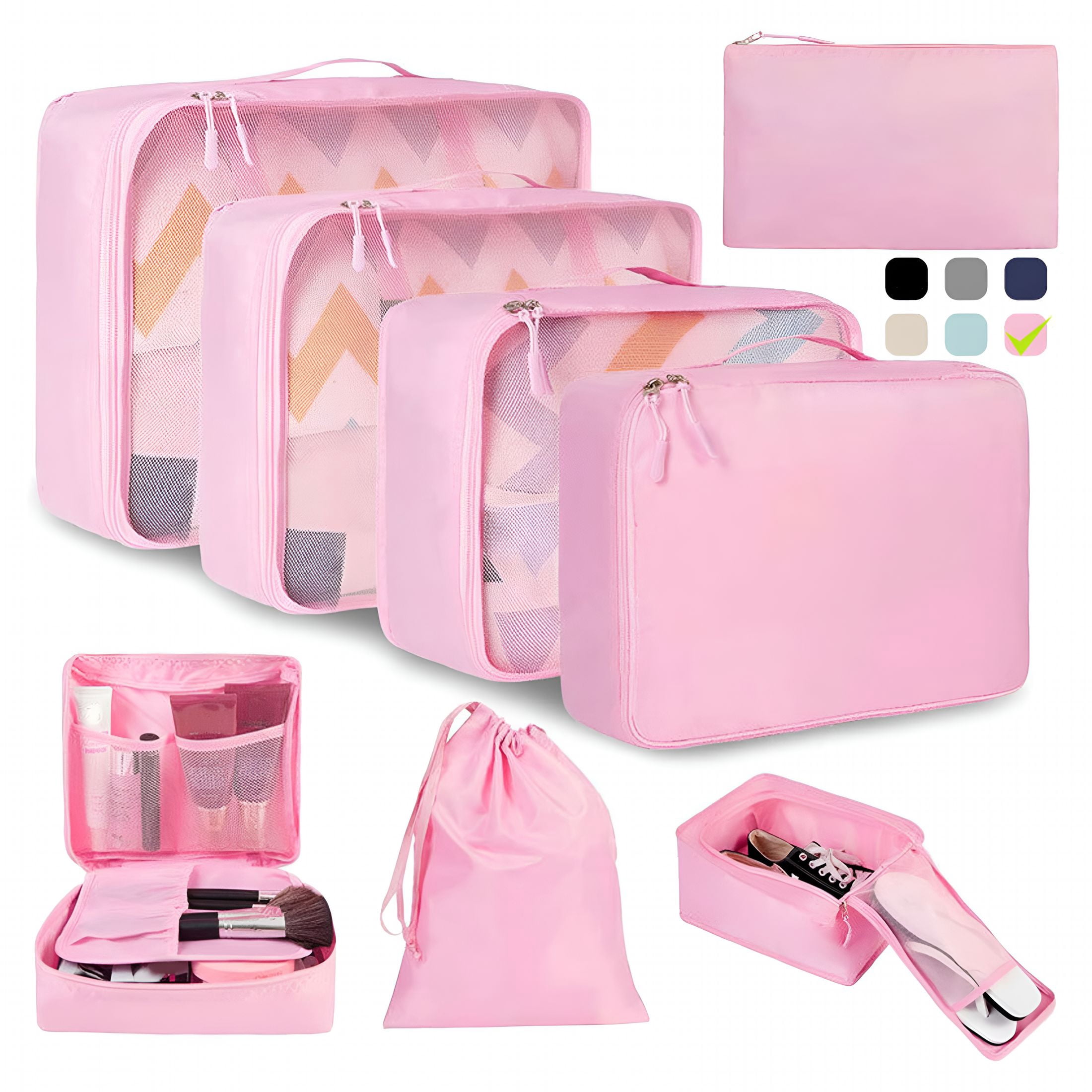 XIBUFE 8 Set Packing Cubes,Lightweight Travel Luggage Organizers with Shoe Bag,Toiletry Bag & Laundry Bag (Blush Pink)