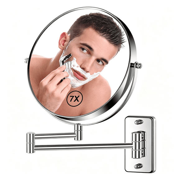 XIBUFE 8 Wall Mounted Magnifying Makeup Mirror 1X/7X Wall Mount Mirror Swing Arm Two-Sided 360 Swivel Bathroom Shaving Mirror for Men and Womenin Hotel/Home,Chrome