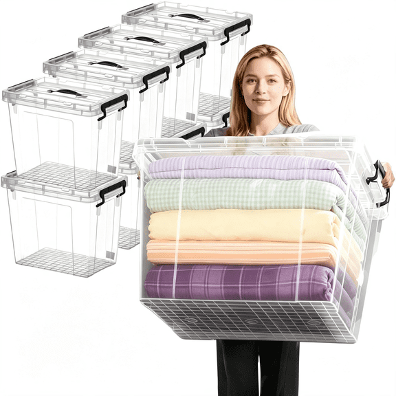 XIBUFE 8Pcs 90 Qt Storage Bins with Lids Total 720 Qt,Large Stackable Plastic Storage Containers,Heavy-Duty Clear Organizer with Secure Latches&Handles,Bpa-Free,For Home,Office,Garage