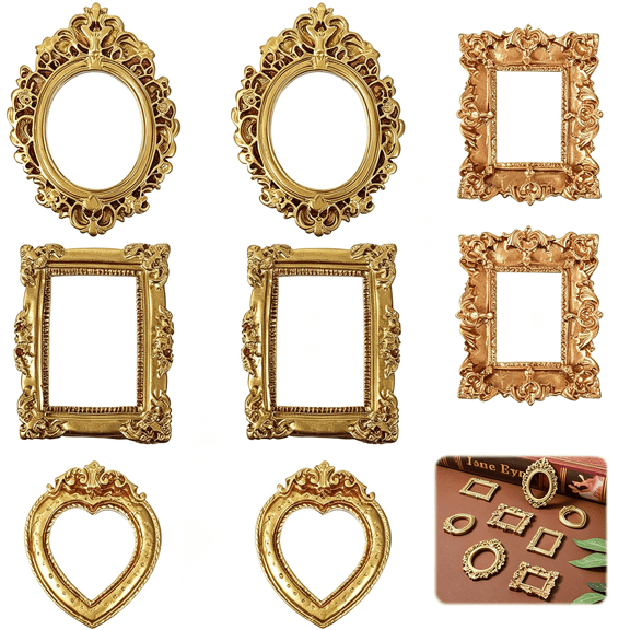 XIBUFE 8Pcs Mini Gold Picture Frames Vintage Small Resin Miniature Tiny Picture Frames for Crafts Antique Mini Photo Frame for Diy Jewelry Christmas Holiday Party Hotel Decor