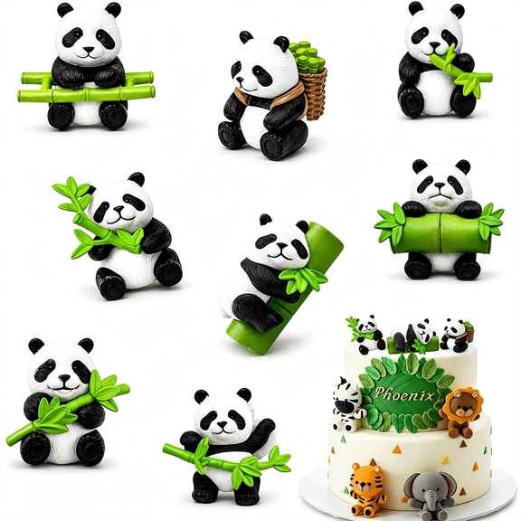 XIBUFE 8Pcs Mini Panda Figurines,Cute Resin Panda Cake Toppers Decorations,Cute Panda Figurines with Bamboo Designs for Cake Toppers,Diy Miniature Gardens,Crafts,Party Decor and Panda Lover Gifts