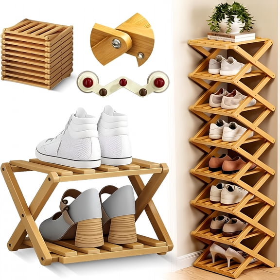 XIBUFE The 9-Tier No-Assembly Bamboo Rack,Foldable 9 Tier Bamboo Corner Shoe Rack,Space-Saving Organizer for Shoes,No Assembly Narrow Shoe Shelf for Entryway Closet Dorm (Yellow,2 Layers)