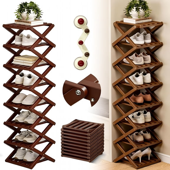 XIBUFE The 9-Tier No-Assembly Bamboo Rack,Foldable 9 Tier Bamboo Corner Shoe Rack,Space-Saving Organizer for Shoes,No Assembly Narrow Shoe Shelf for Entryway Closet Dorm (Brown,8 Layers)