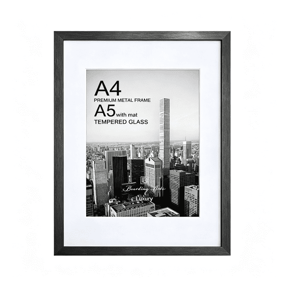 XIBUFE A4 Metal Picture Frame with Shatter-Resistant Glass, Use As A5 Frame with Mat Or Display A4 Photo without Mat - Luxury Collection, Picture Frames for Wall Display, Black, 1 Pack