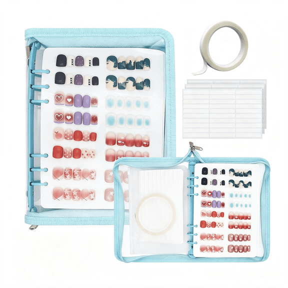 XIBUFE A5 Press on Nail Book Display Storage Organizer Binder,Blue|Reusable Fake Nail Book Collecting Case Polish Color Swatch Holder Container with 8 Insert Pages,Tapes and Zipper Pocket